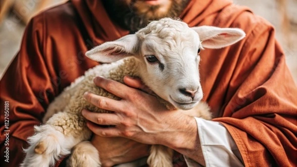 Obraz Jesus Christ gently holding a lamb in hands