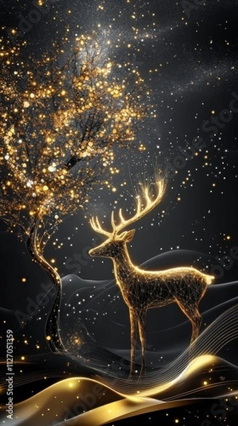 Fototapeta Ethereal Glow of a Golden Deer Under a Starry Night Sky