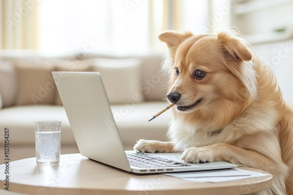 Fototapeta dog sitting at table working on laptop with pen in its mouth, showcasing playful and focused demeanor. cozy interior adds warmth to scene