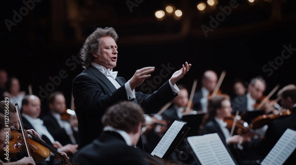Fototapeta The orchestra is playing in a concert hall. The conductor is wearing a formal suit and is standing on a podium. The musicians are seated and are wearing black suits and white shirts