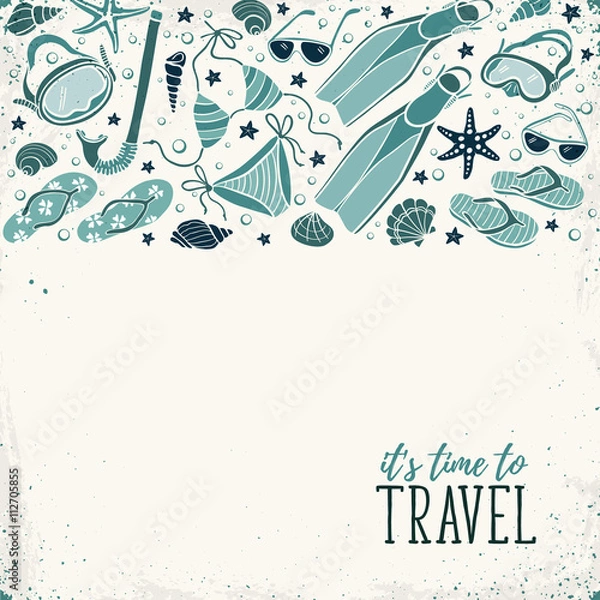 Fototapeta Travel time flayer in retro colors. Illustration of swimsuits, masks, shells, flippers and flip flops. Summer side composition with text. Collection of beach accessories in retro style.