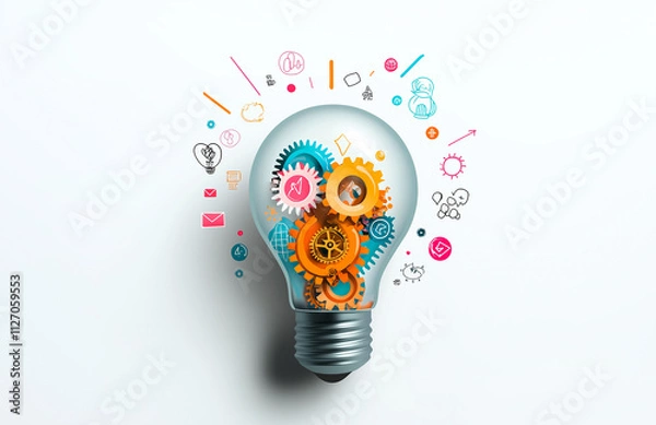 Fototapeta light bulb filled with colorful gears and creative icons symbolizes innovation and ideas. This vibrant image represents fusion of technology and creativity in business