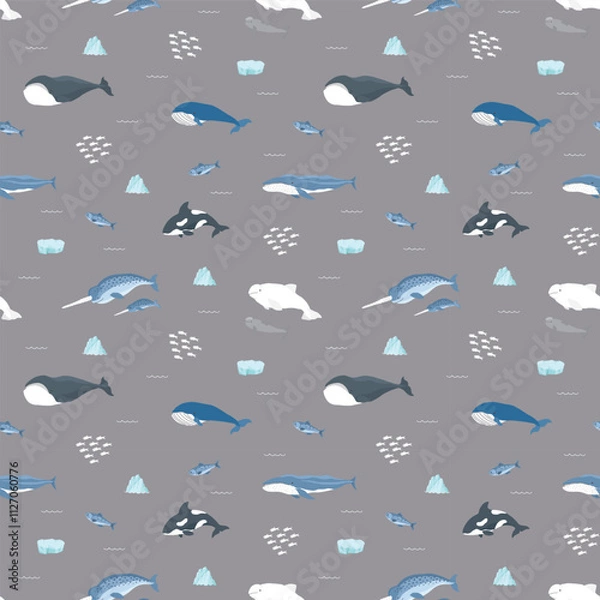 Obraz Polar sea animals seamless pattern. Cute Cartoon arctic animals, marine animals and fish, background. Vector Illustration.