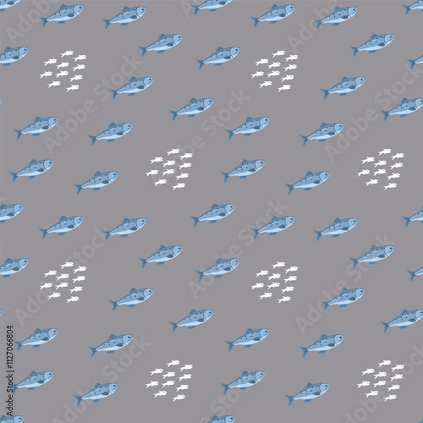 Fototapeta Cute fish seamless pattern. Cartoon salmon and sardines, background. Vector Illustration.