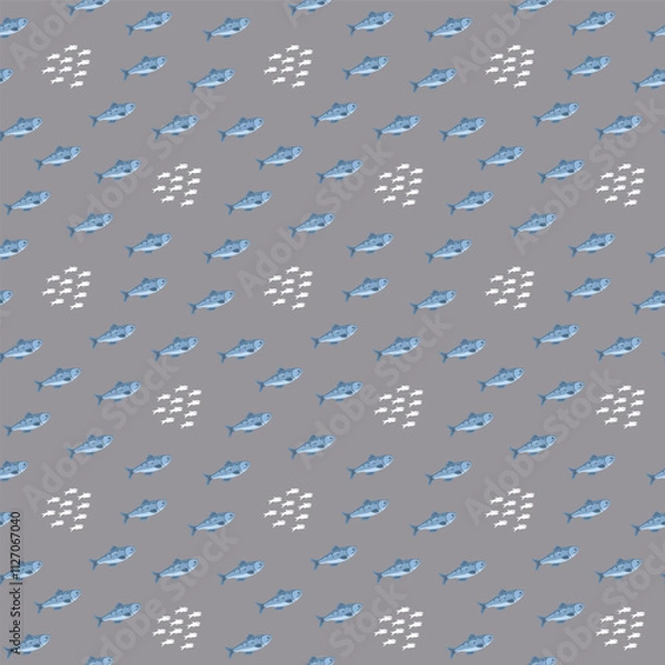 Fototapeta Cute fish seamless pattern. Cartoon salmon and sardines, background. Vector Illustration.