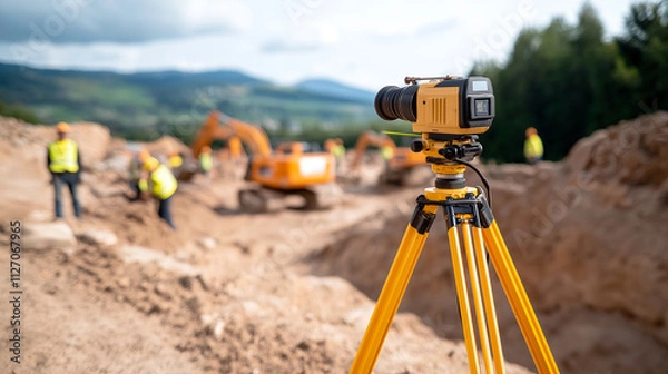 Fototapeta surveying instrument on tripod captures construction activity in landscape. Workers in safety gear operate machinery, showcasing busy construction site