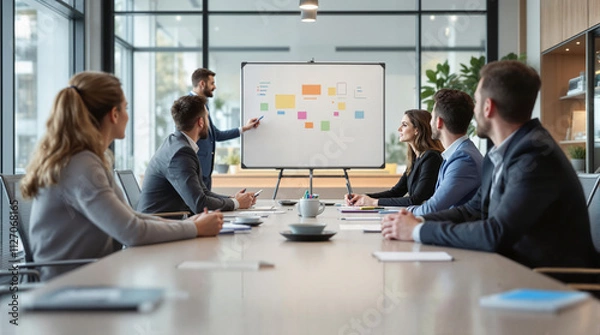 Fototapeta Employee training. Professional employee training session in modern office with presenter and engaged audience at conference table