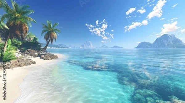 Fototapeta Tranquil beach scene with vibrant blue water and sky, an inviting setting for vacation and travel themes.