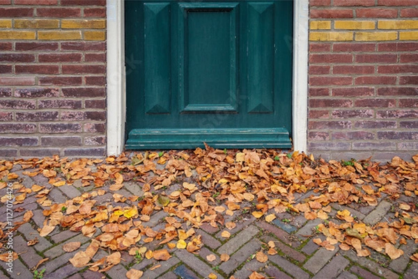 Obraz Fallen autumn leaves on the street in front of a green front door.