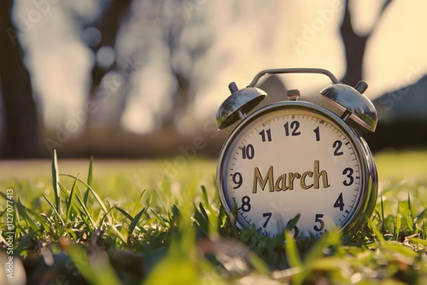 Fototapeta Daylight Saving Time Begins pattern. Vintage Alarm Clock in a Flower Field at Sunrise Time and Nature Concept Stock Image
