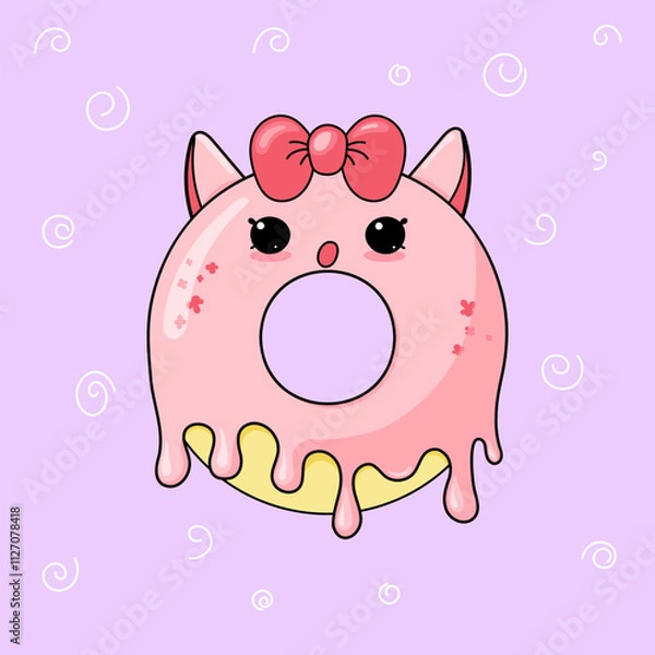 Fototapeta Delicious donut with pink icing, cute face, bow and sprinkles. Vector illustration for cards, books, invitations