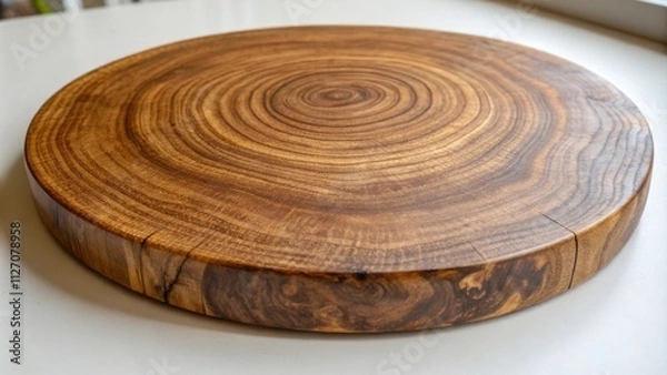 Fototapeta A circular wooden cutting board with a natural grain pattern and a smooth, polished surface.