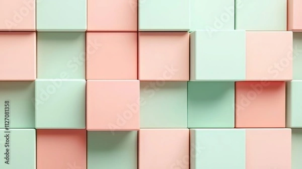 Fototapeta Abstract arrangement of pastel pink and mint green 3D cubes, forming a geometric pattern with soft lighting and clean symmetry. AI generative.