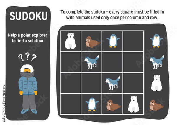 Fototapeta Sudoku game for kids with cute cartoon arctic polar animals. Educational Logic activities game for children. Vector illustration.