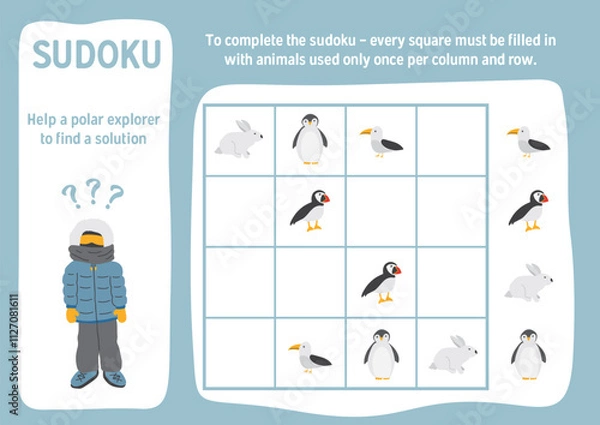 Fototapeta Sudoku game for kids with cute cartoon arctic polar animals. Educational Logic activities game for children. Vector illustration.