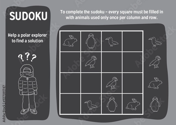 Fototapeta Sudoku game for kids with cute cartoon arctic polar animals. Educational Logic activities game for children. Vector illustration.