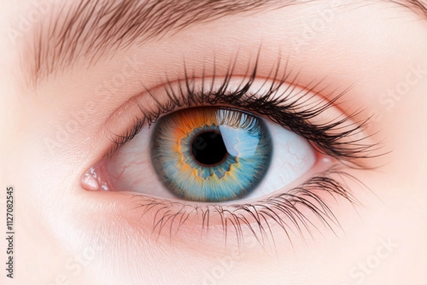 Obraz close up of human eye showcasing striking rainbow colored iris with intricate details and vibrant hues. eye beauty captivates with its unique patterns and colors