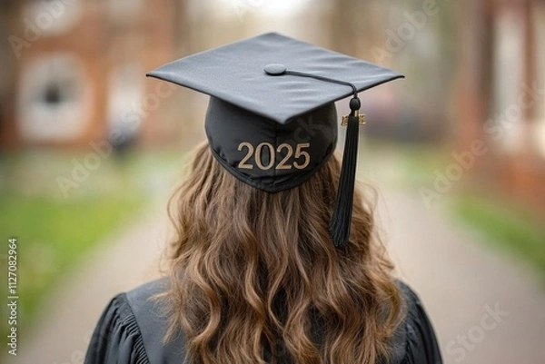 Fototapeta Graduation cap for fiscal year 2025 with black tassels, symbolizing success and celebration for graduates.