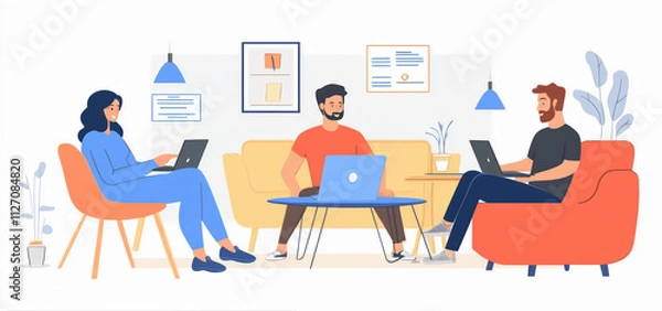 Fototapeta Business persons typing on a using keyboard. Person working on laptop in cafe, job search, freelancing and internet web search with digital holographic icons on a tech business background illustration