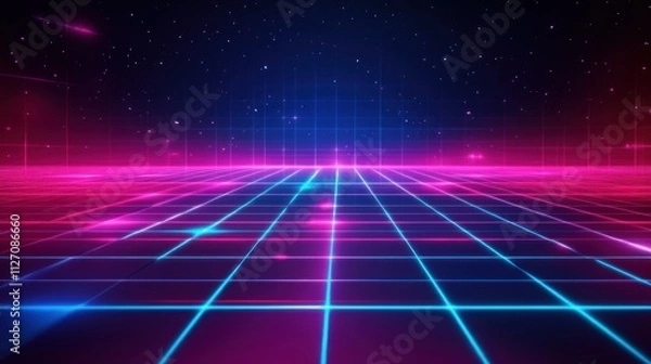 Fototapeta Gaming theme background with futuristic neon lights Digital grid, glowing lines and geometric shapes wallpaper AI generated image