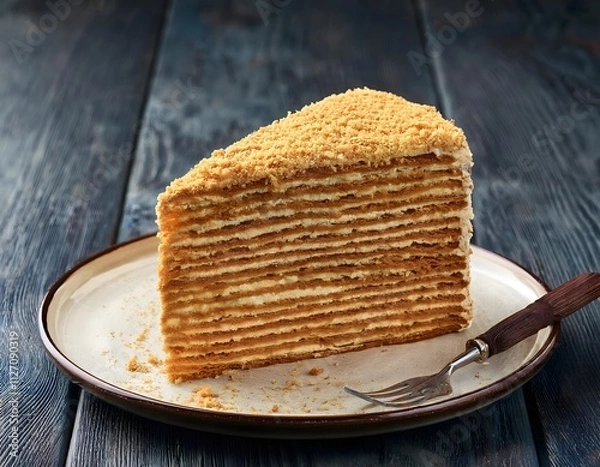 Fototapeta A piece of traditional Russian honey cake 'Medovik' with multiple thin layers of honey-flavored sponge and cream