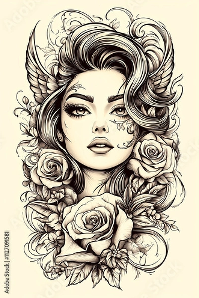Fototapeta A woman with a rose on her head is the main focus of the image. The rose is placed on her head, and it is a beautiful and elegant flower. The woman's face is drawn in a stylized manner