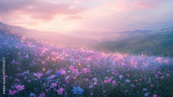 Obraz Dreamy meadow with glowing flowers, soft pastel colors, ethereal light, and a tranquil ambiance, under a twilight sky.