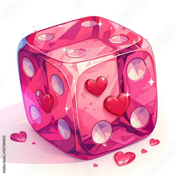 Obraz 3d red cube,Pink dice with red hearts on them, in a clip art style, with a simple design on a white background, creating a cute overall appearance.
