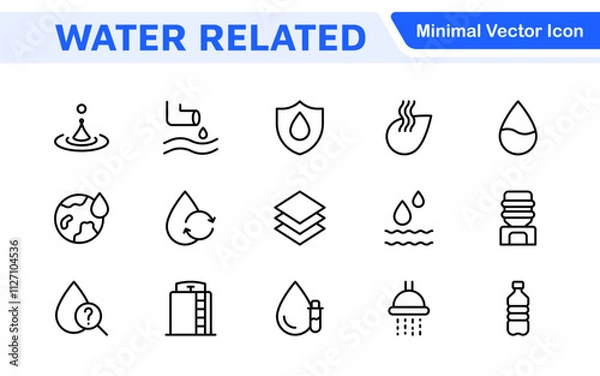 Fototapeta Water Related Icon Set. A refreshing collection of icons showcasing water conservation, aquatic life, and hydration, perfect for water awareness and sustainability.