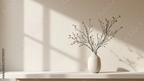 Fototapeta Minimalist interior design, white vases with bare branches, soft sunlight casting shadows, beige background, neutral tones, zen aesthetic, clean lines, peaceful atmosphere, shadow play, simple eleganc