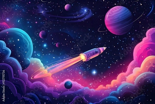 Fototapeta Explore the wonders of space with a detailed illustration of a rocket and celestial bodies, perfect for science and education. illustration, science, design, mosque, travel, child, star, sky, 