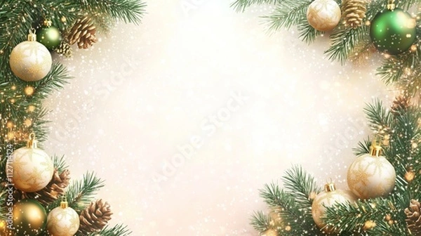 Obraz Elegant Christmas background with golden ornaments, pine branches, and sparkling snowflakes on a light gradient backdrop