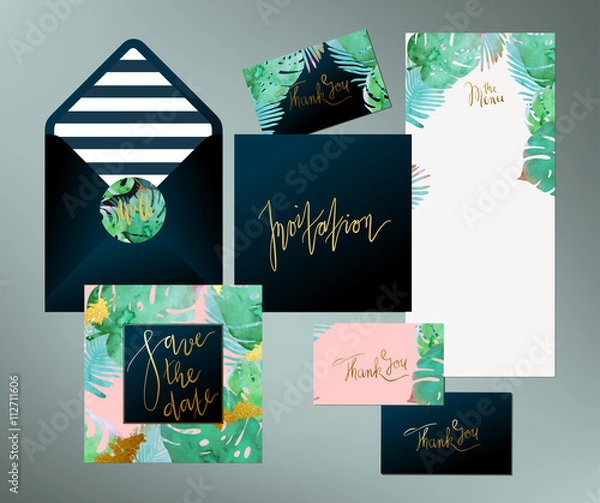 Fototapeta Trendy tropical jungle style vector wedding print set. Invitation cards, menu and envelope vector templates with exotic green, blue, pink plants with glittering gold blots and stripes texture.