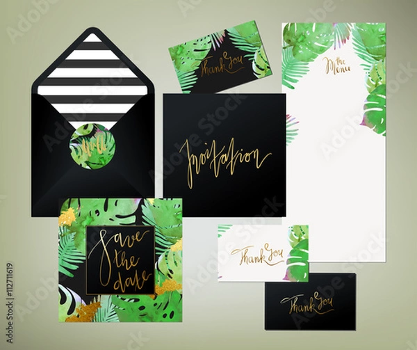 Fototapeta Trendy tropical jungle style vector wedding print set. Invitation cards, menu and envelope vector templates with exotic green, blue, pink plants with glittering gold blots and stripes texture.