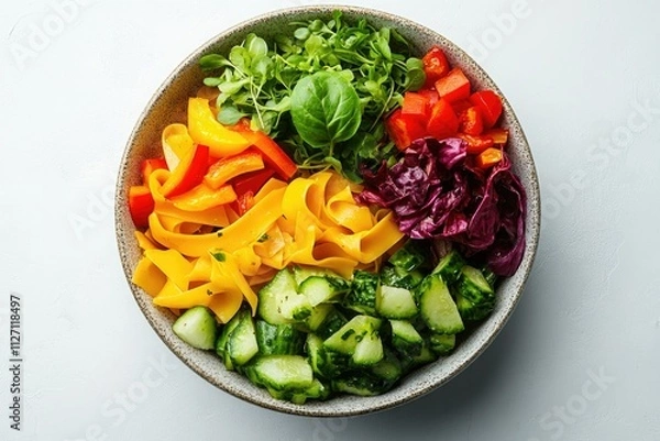 Fototapeta A vibrant and healthy salad bowl featuring colorful pasta, fresh vegetables, and herbs.