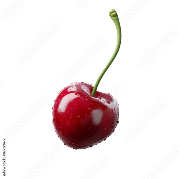 Fototapeta a red cherry with a green stem 3d render icon isolated on transparent background cutout