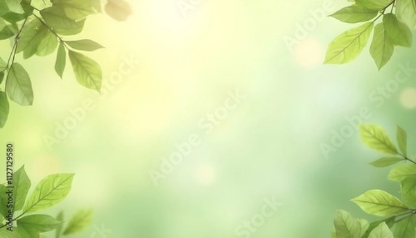 Obraz Tarjeta de felicitación. Diseño suave y refrescante con un fondo verde pastel. Adornado con hojas verdes delicadas creando un marco aireado y natural
