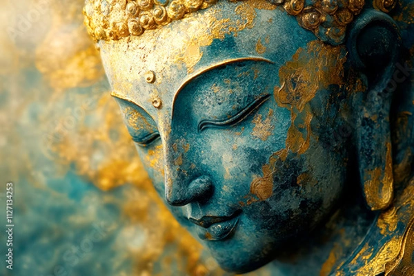 Obraz Embracing the eternal truth of Ajata through the golden visage of an ancient Buddha, radiating serenity and wisdom in a timeless embrace of spirituality