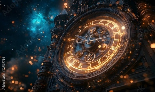 Fototapeta A close-up of the clock tower's cogs and gears with a dreamy