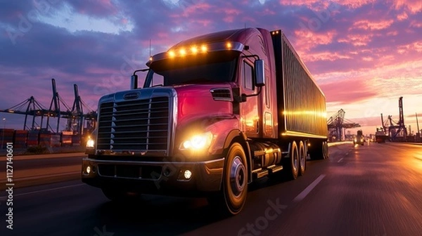 Fototapeta A powerful red freight truck with glowing headlights drives through a port at sunset, showcasing the beauty of logistics in motion.
