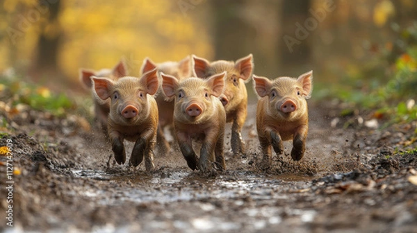 Fototapeta A group of piglets running through a muddy field under the watchful eye of their mother