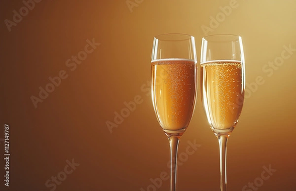 Fototapeta Champagne flutes against a gold coloured background filled with sparkling champagne.