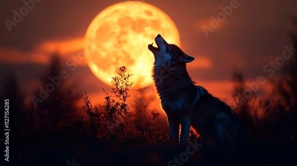 Obraz Wolf howling silhouette framed by a full moon gradient