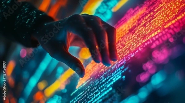 Fototapeta Hand interacts with vibrant, glowing code.