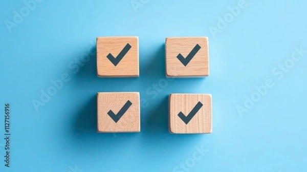 Fototapeta Wooden Blocks with Checkmarks: A Simple Visual Aid for Business Decisions