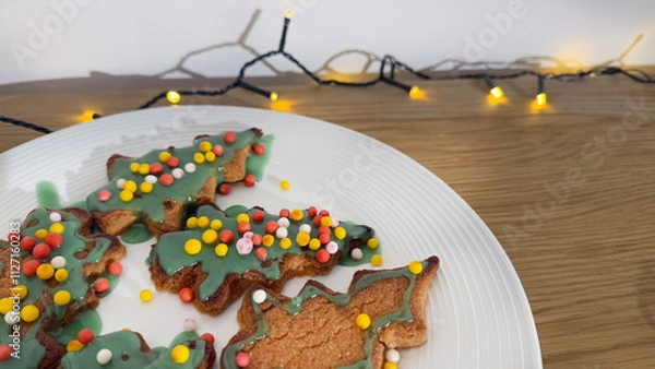 Fototapeta Festive Christmas tree-shaped cookies decorated with green icing and colorful sprinkles on a plate, perfect for holiday celebrations