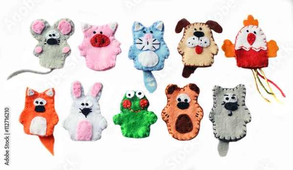Obraz 10 felt finger puppets: mouse, pig, cat, dog, cock, fox, rabbit, frog, bear, wolf. Isolated on white background