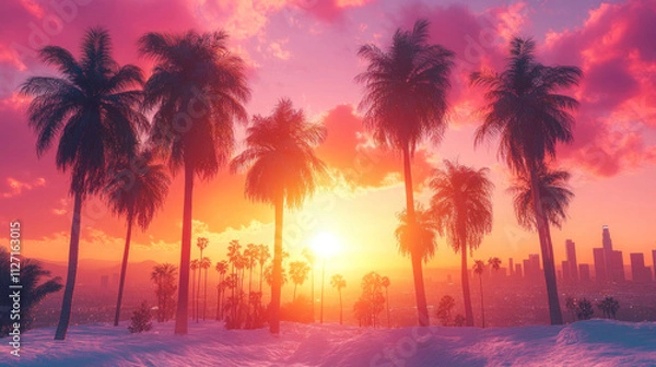Fototapeta Los Angeles skyline with palm trees in the foreground, framed against a vivid pink and orange sunset