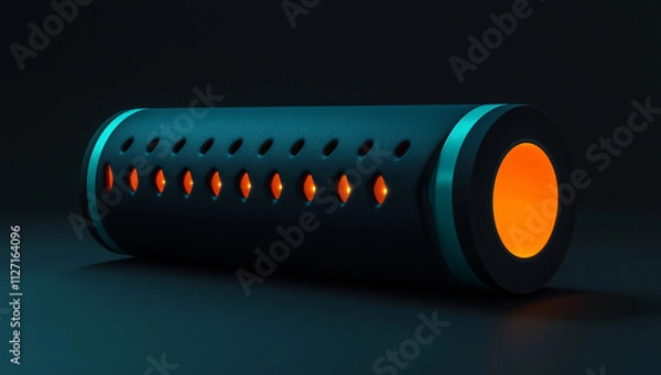 Obraz A minimal black and teal fitness hollow foam roller with orange LED lights inside, resting against a bare dark background.