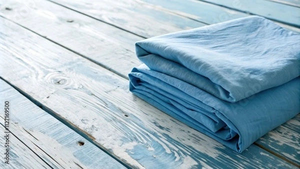 Fototapeta A stack of blue fabric folded neatly on a light blue weathered wooden surface.